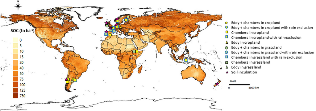 Map of study sites and field measurements to be performed in TRUESOIL